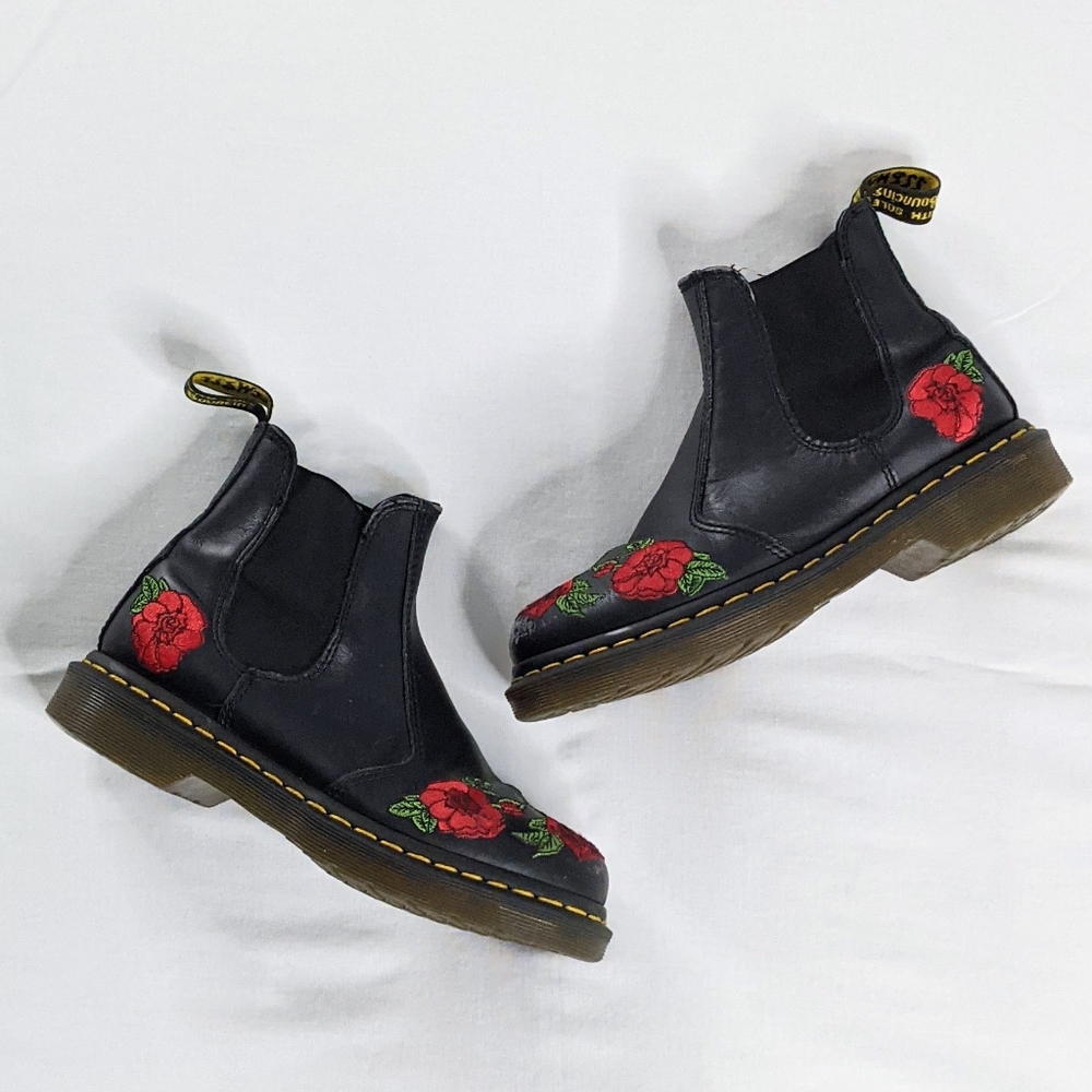Dr. Martens Black Boots with Red Floral Embroidery